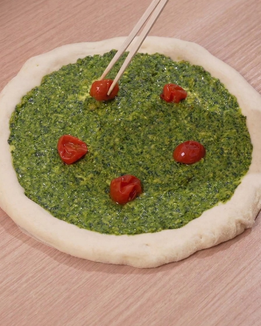 Stäbchen platzieren geröstete Kirschtomatenhälften auf dem Pestaboden der Pizza.