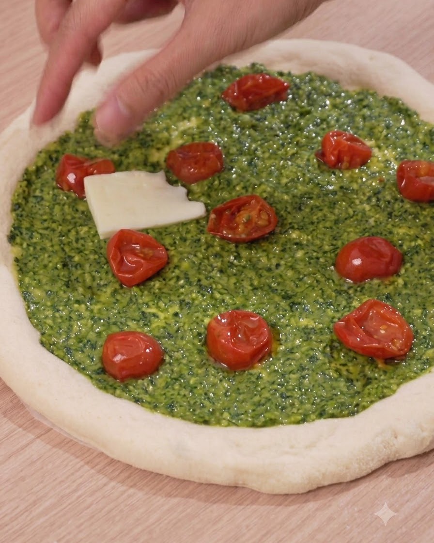 Dicke weiße Mozzarellascheiben werden auf die Pizza gelegt.
