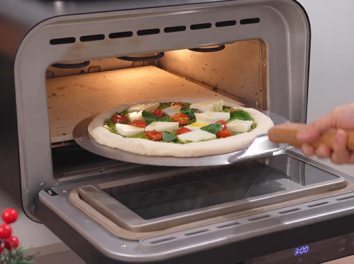 Eine rohe Pizza wird von einem Schieber in einen heißen Pizzaofen geschoben.