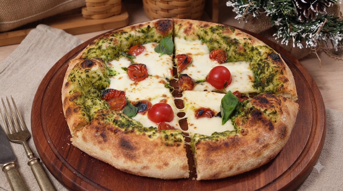 Hausgemachte Pesto-Pizza mit gerösteten Kirschtomaten