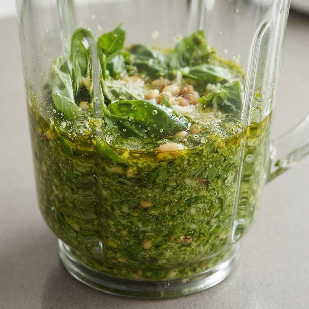 Frisch gemixte grüne Basilikum-Pesto-Sauce in einem Glasbehälter mit einem Teigschaber.
