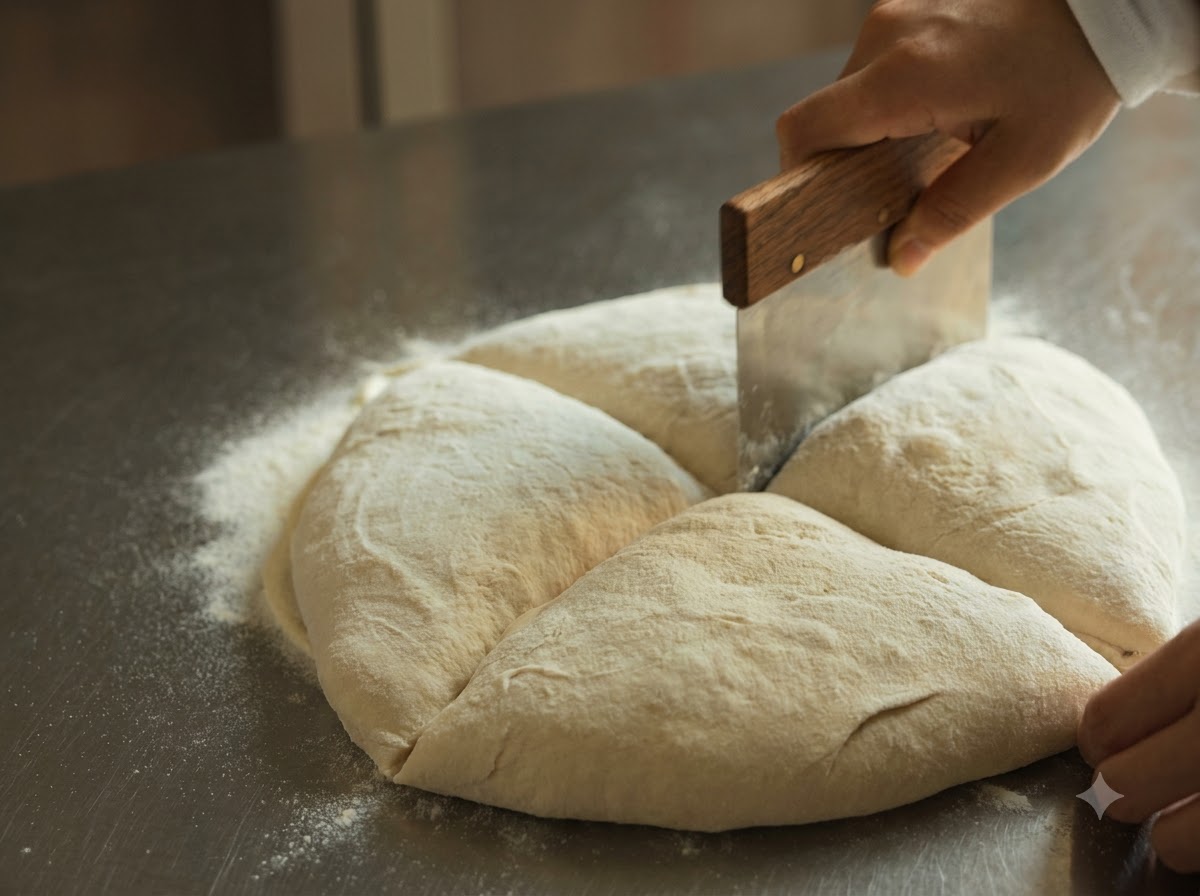 Ein Teigschaber aus Metall schneidet eine große Pizzateigkugel in vier Teile.