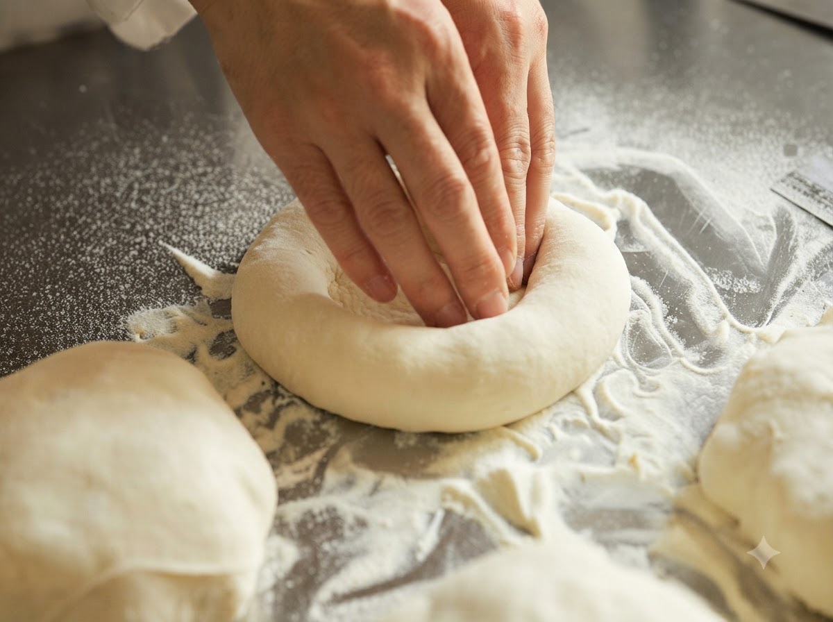 Hände drücken und formen eine Kugel Pizzateig zu einer kreisförmigen Scheibe.