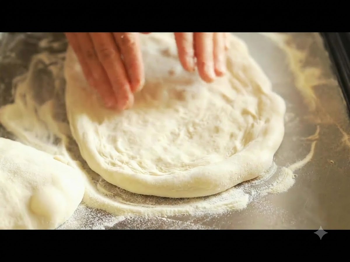 Grüne Pesto-Sauce wird gleichmäßig auf einem runden Pizzateigboden verteilt.