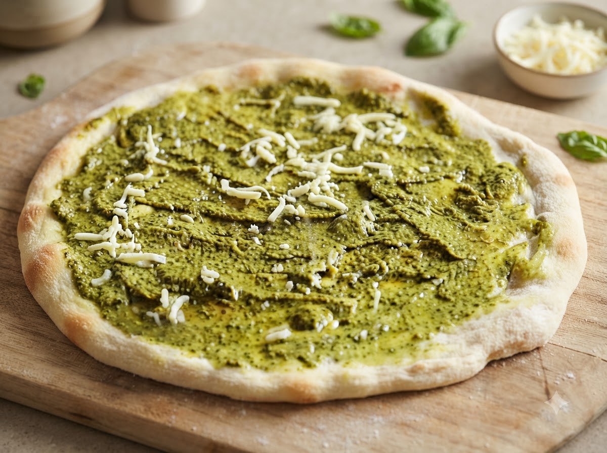 Ein Pizzateigboden bestrichen mit grünem Pesto und belegt mit verstreutem geriebenem Mozzarella.