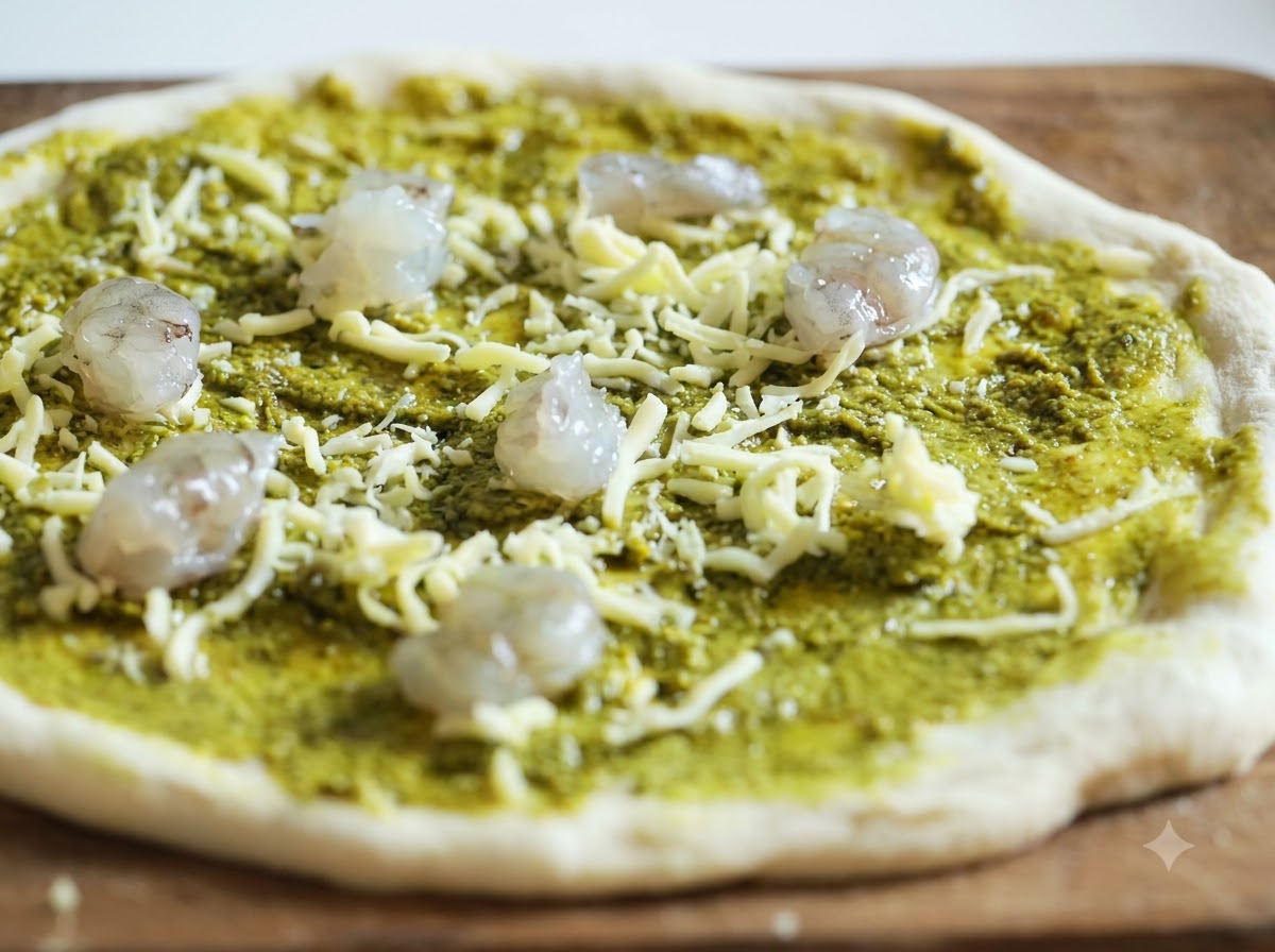 Rohe Garnelenstücke, die gleichmäßig auf einem mit Pesto und Käse bedeckten Pizzaboden verteilt sind.