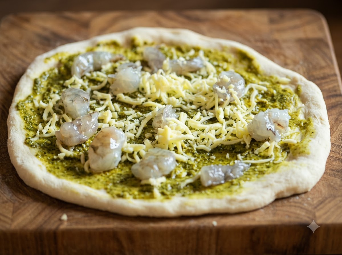 Frische Mozzarellastücke werden auf die belegte Pizza gelegt.