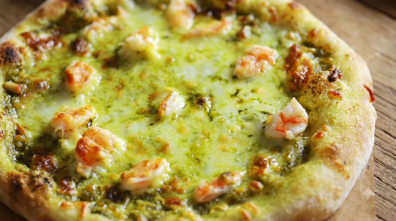 Rustikale Pizza mit Basilikum-Pesto und Garnelen