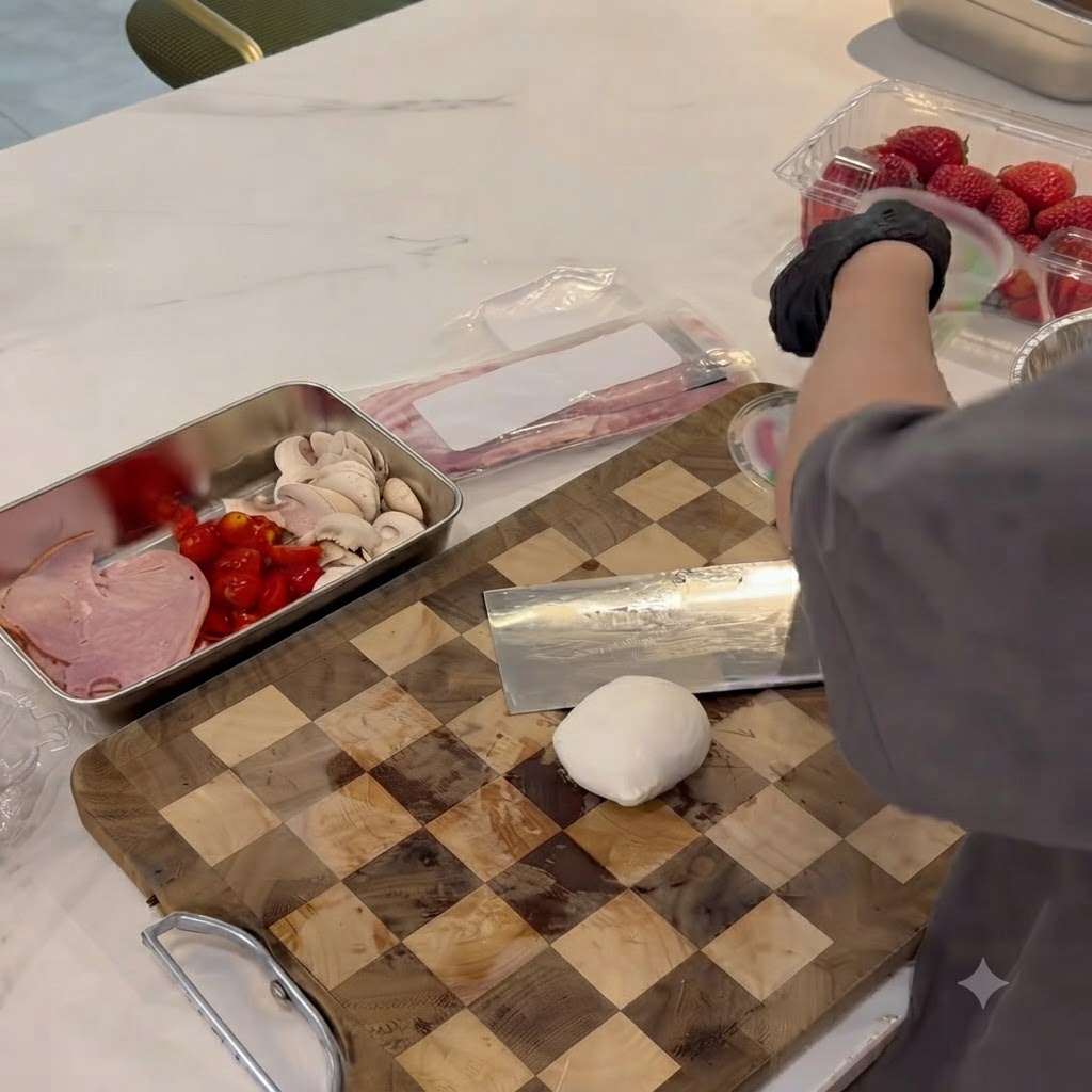 Frische Mozzarella-Käsekugeln auf dem Schneidebrett in Scheiben schneiden.