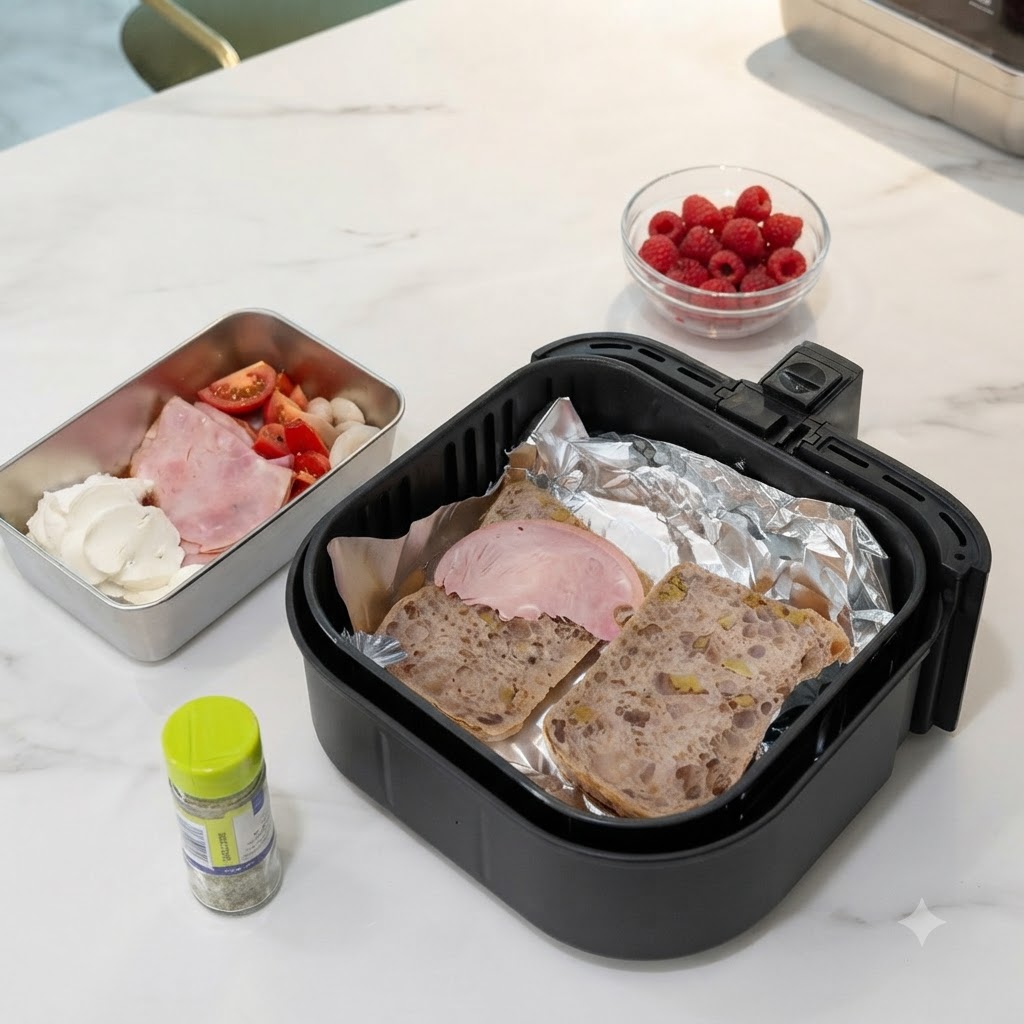 Schinkenscheiben auf mit Alufolie ausgelegte Brotscheiben in einem Air Fryer Korb legen.