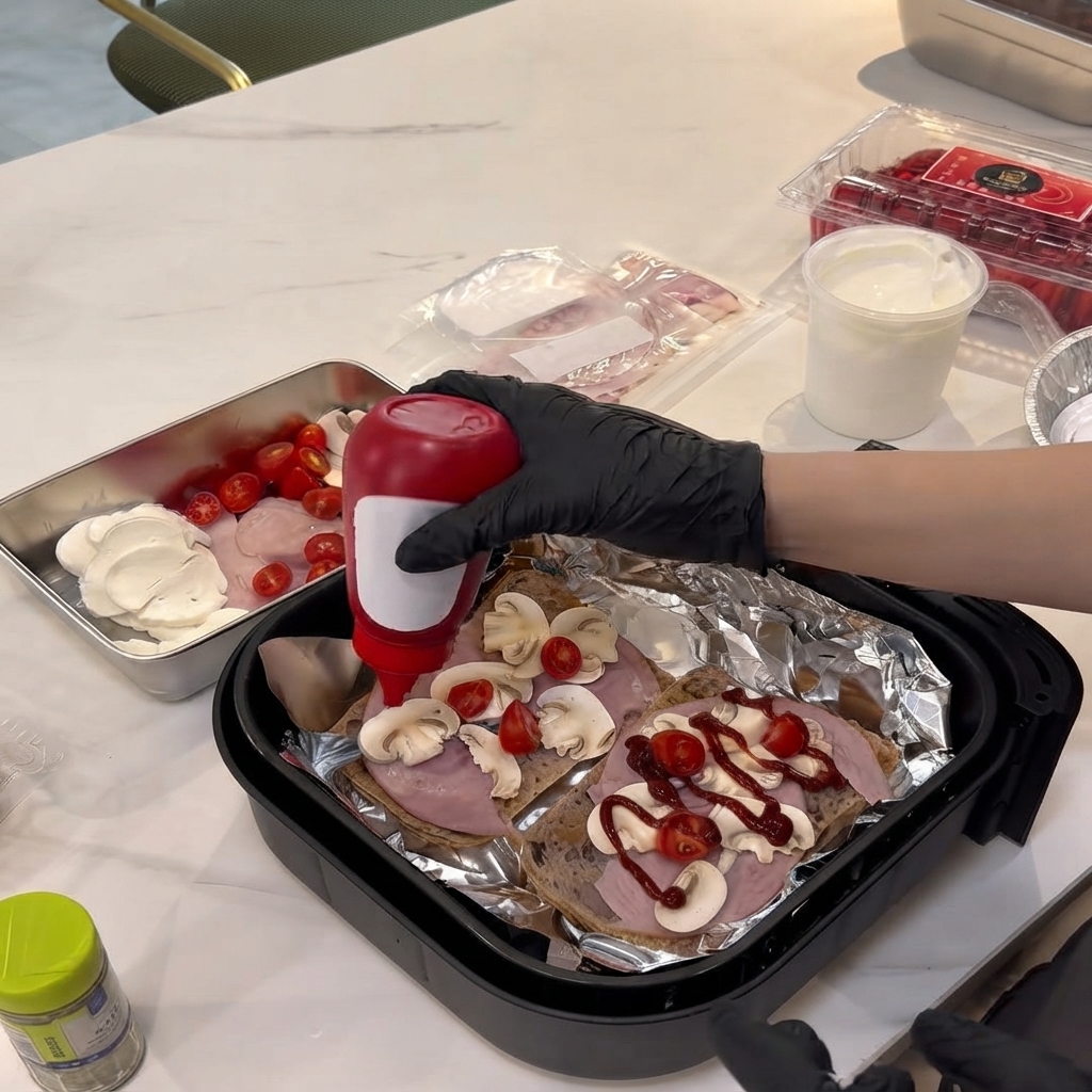 Eine be Handschuh bedeckte Hand drückt eine rote Ketchup-Flasche über geschnittene Champignons und Schinken auf Brot.