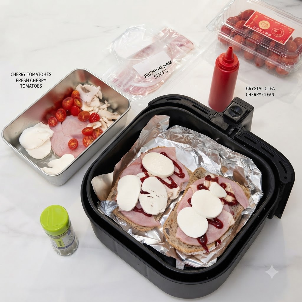 Dicke Scheiben frischen Mozzarella-Käses ordentlich auf dem Schinken und den Belägen im Air Fryer angeordnet.
