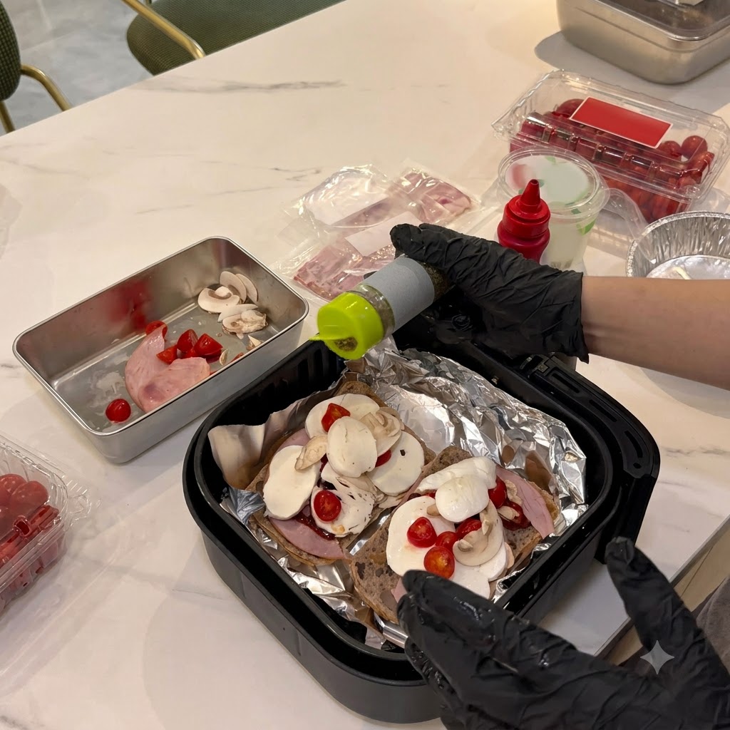 Eine hand mit schwarzem Handschuh streut getrocknete Kräuter aus einem kleinen grünen Behälter auf die vorbereiteten Sandwich-Pizzas in einem Air Fryer Korb.