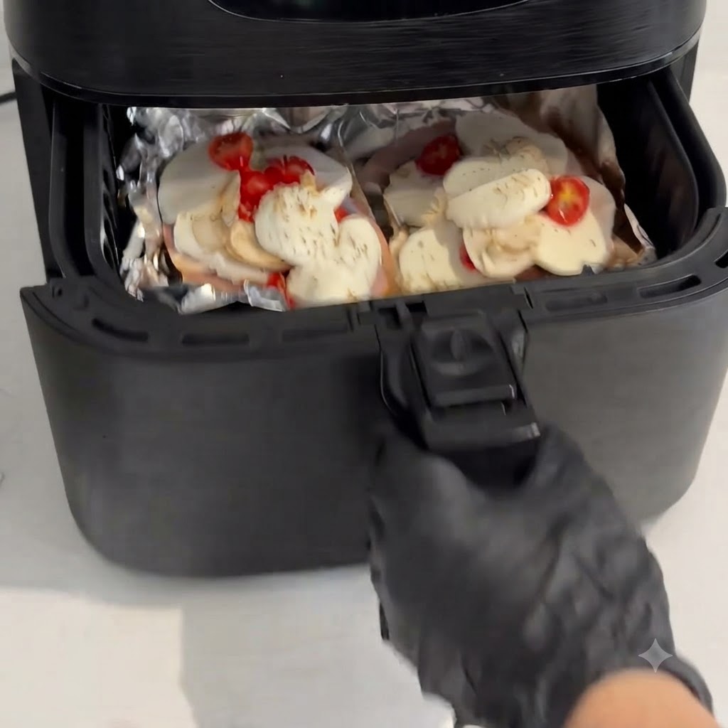 Eine behandschuhte Hand schiebt den Air Fryer Korb mit den vorbereiteten Pizzastücken im Inneren zu.
