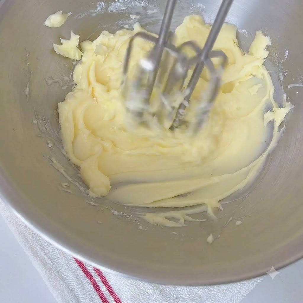 Elektrisches Handrührgerät schlägt Butter und Zucker in einer Edelstahlschüssel auf.