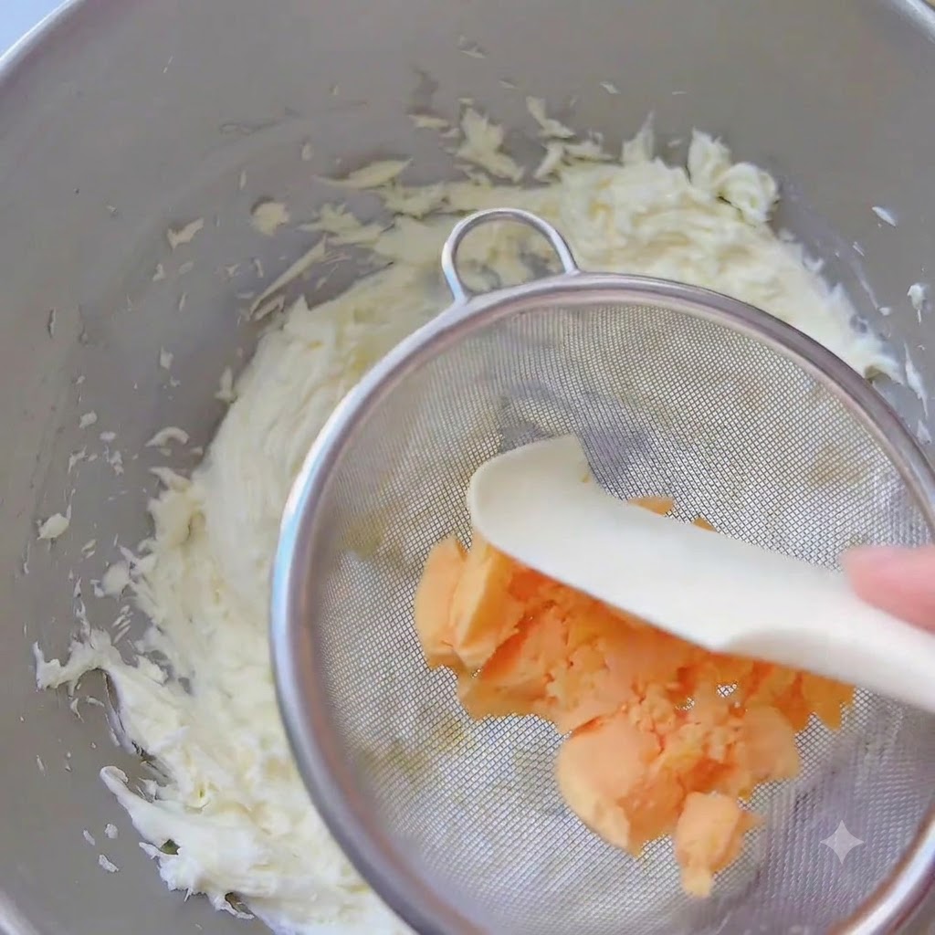 Gesiebtes gekochtes Eigelb wird durch ein Haarsieb in die aufgeschlagene Buttermasse gedrückt.