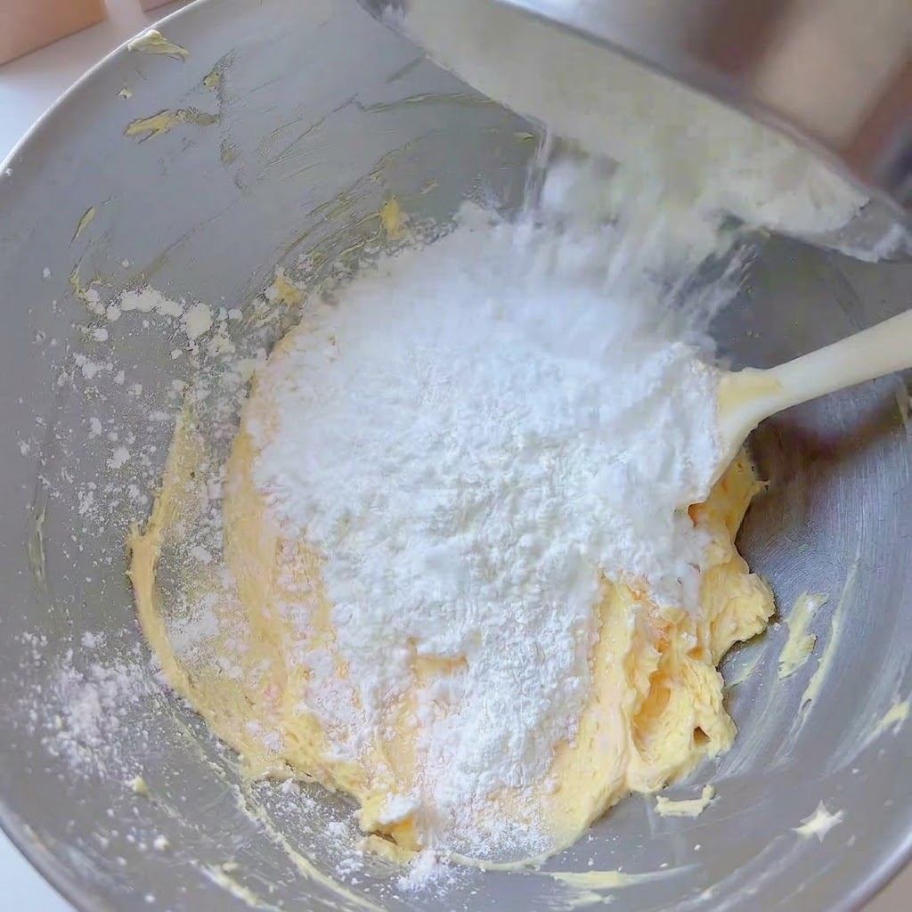Gesiebtes Mehl und Maisstärke werden über die Butterbasis in die Rührschüssel gegeben.