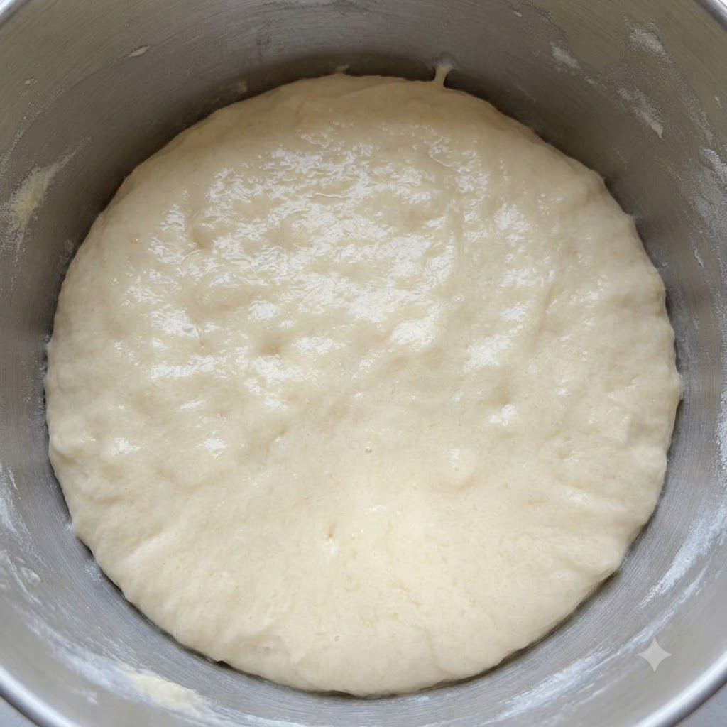 Glatte, geschlossene Kugel aus Keksteig ruht in einer Edelstahlschüssel.