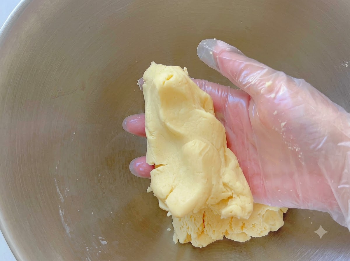 Eine handbemannte Hand hält eine Portion gelblichen Keksteigs in einer Rührschüssel.