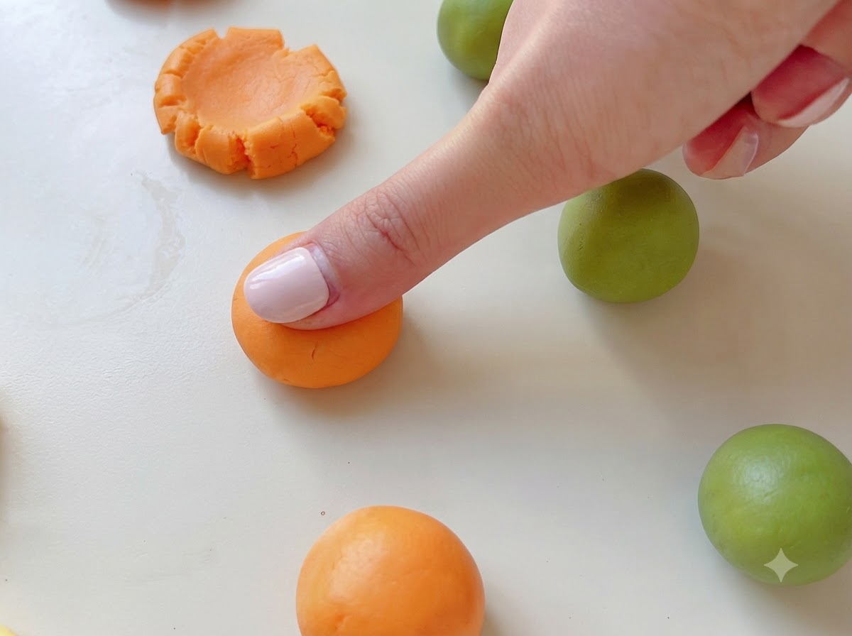 Ein Finger drückt vorsichtig auf eine orangefarbene Teigkugel, um sie flach zu drücken.