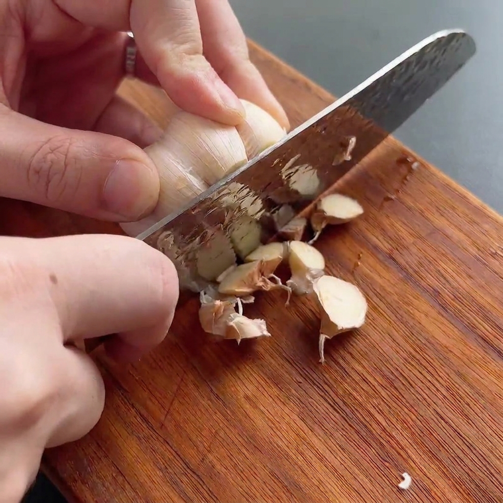 Eine ganze Knoblauchknolle, die mit einem scharfen Messer auf einem Holzbrett oben abgeschnitten wird.