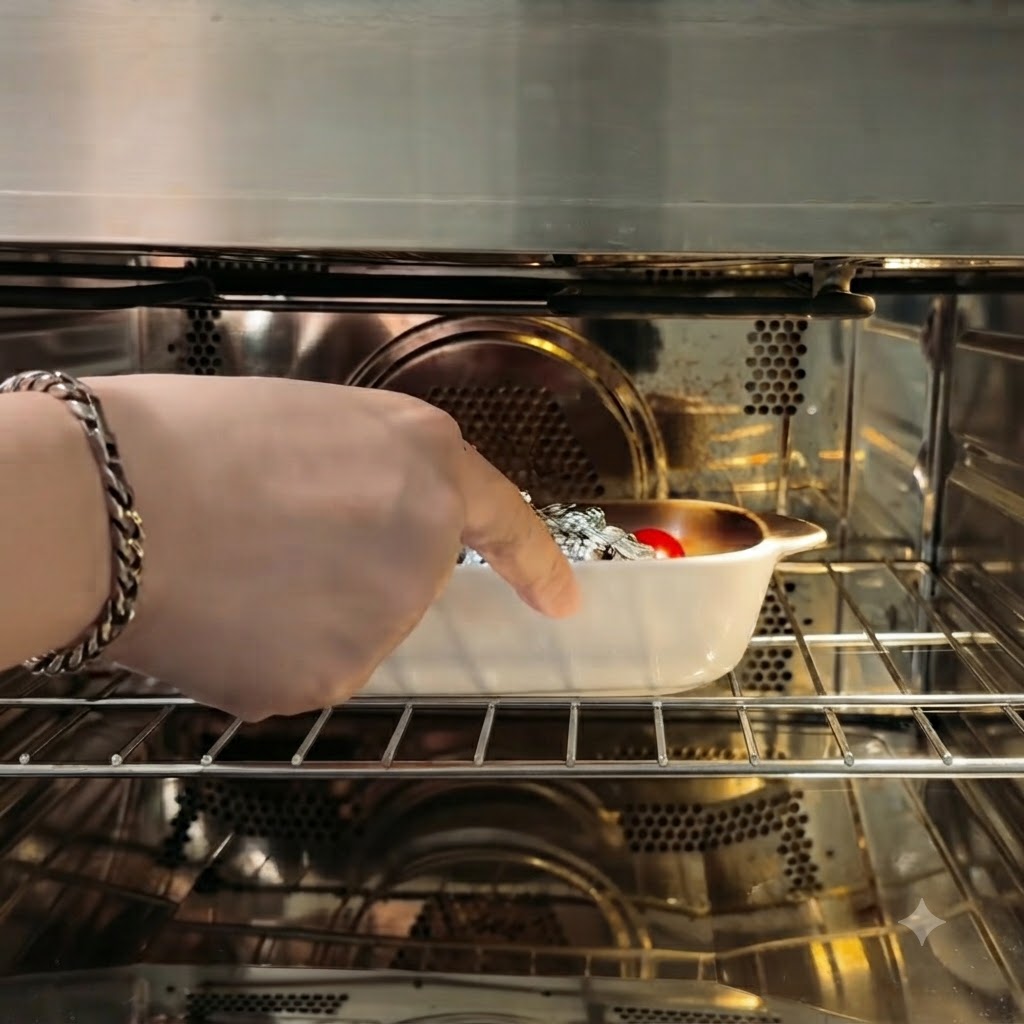 Eine weiße Keramikauflaufform mit eingewickeltem Knoblauch und Kirschtomaten wird auf den Ofenrost gestellt.