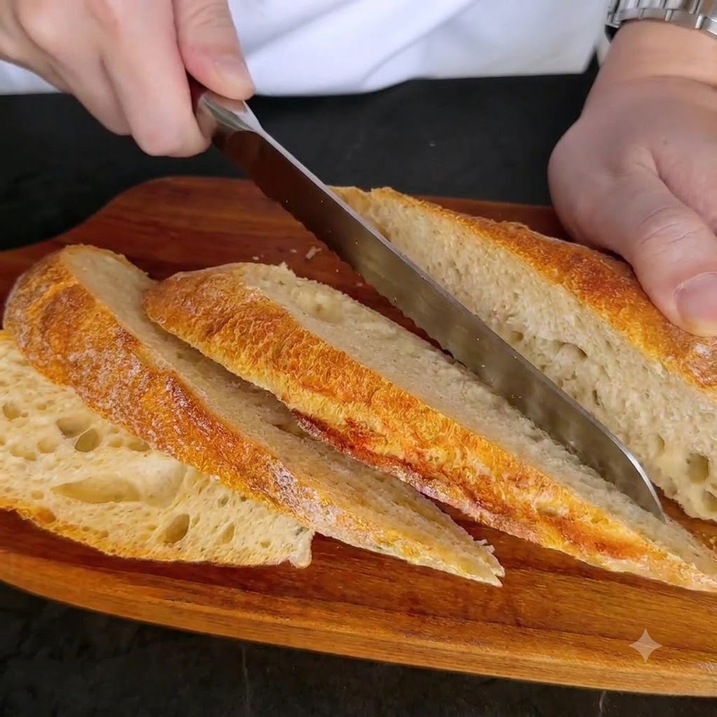 Ein Laib knuspriges Brot wird mit einem Brotmesser auf einem Holzbrett in mehrere diagonale Stücke geschnitten.
