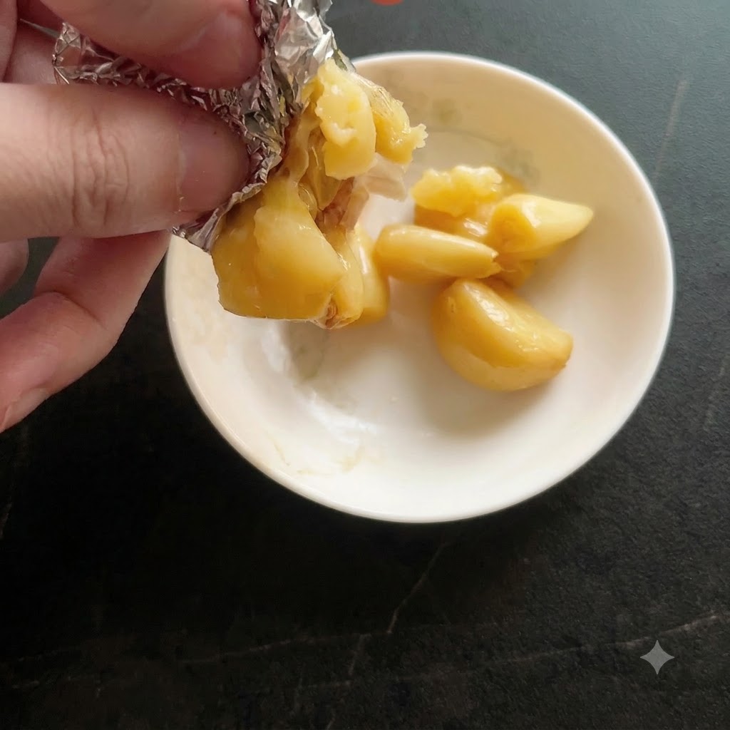 Weiche geröstete Knoblauchzehen werden aus ihrer Folienhülle in eine kleine weiße Keramikschüssel gedrückt.