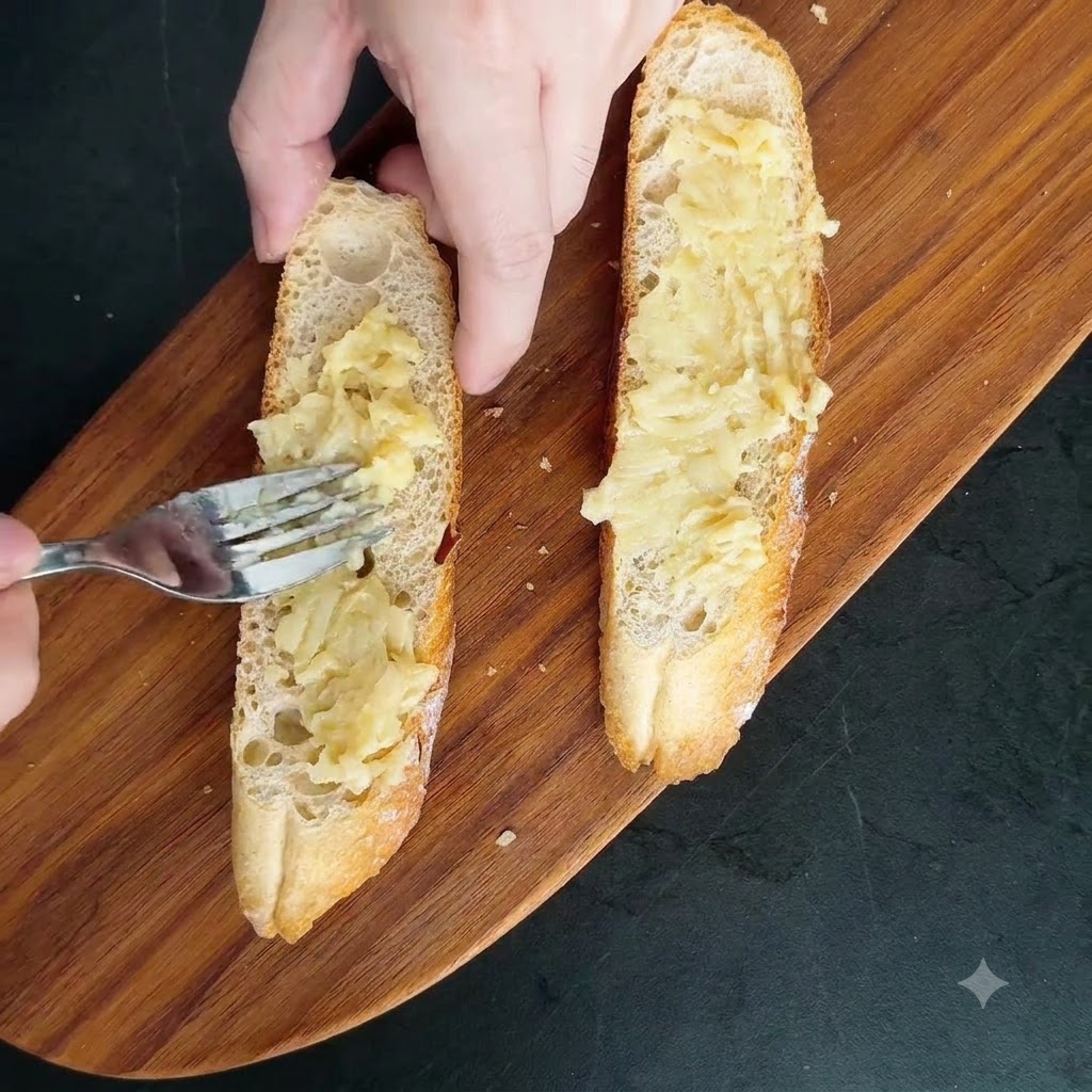 Zerdrückter gerösteter Knoblauch wird mit einer Gabel auf gerösteten Baguettescheiben auf einem Holzschneidebrett verteilt.