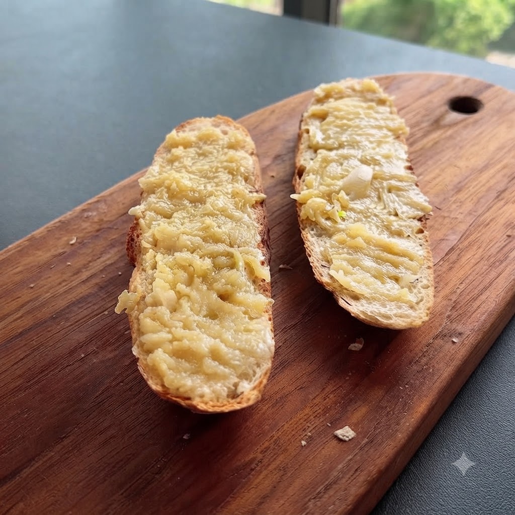 Frische grüne Rucolablätter fein säuberlich auf gerösteten Knoblauch-Baguettescheiben gestapelt.