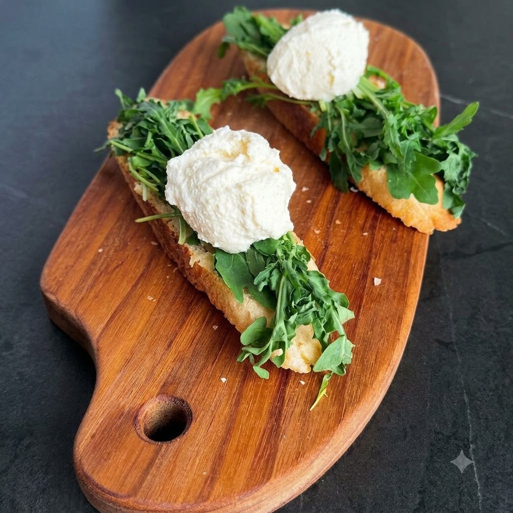 Ein dicker Klecks cremiger weißer Joghurtkäse über dem Rucola auf einer Baguettescheibe.