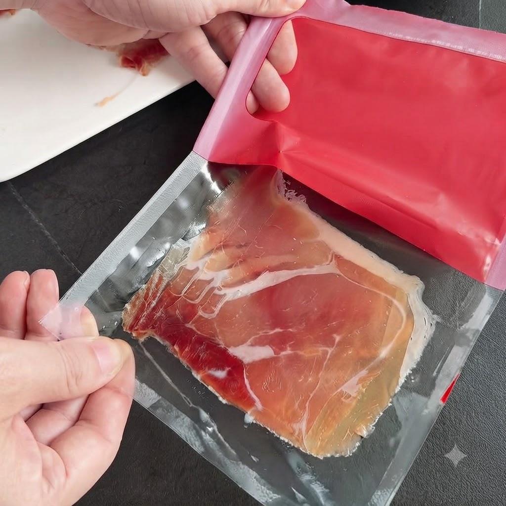 Nahaufnahme von Händen, die eine vakuumversiegelte Packung mit gepökeltem spanischen Schinken öffnen.
