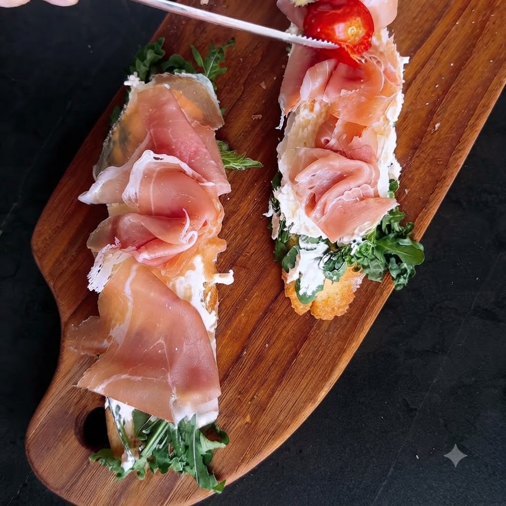 Eine Zange legt leuchtend geröstete Kirschtomaten auf die zusammengesetzten Schinken-Käse-Tapas.