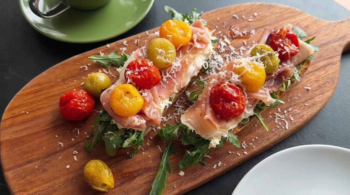 Tapas mit geröstetem Knoblauch, Tomaten und spanischem Schinken