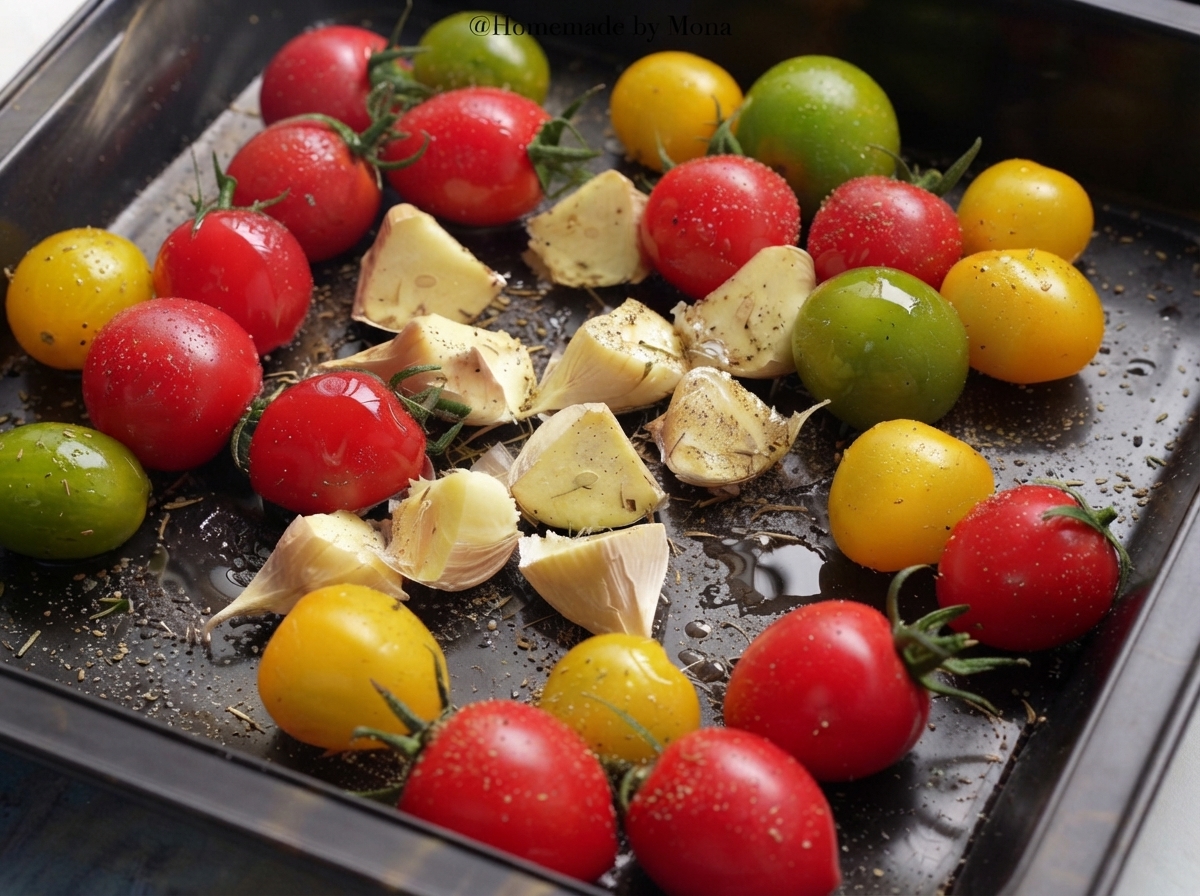 Ein Backblech mit gewürzten Tomaten und Knoblauch im heißen Ofen.