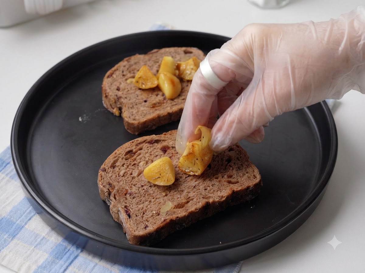 Eine behandschuhte Hand legt weiche, geröstete Knoblauchzehen auf eine Scheibe rustikales Brot.