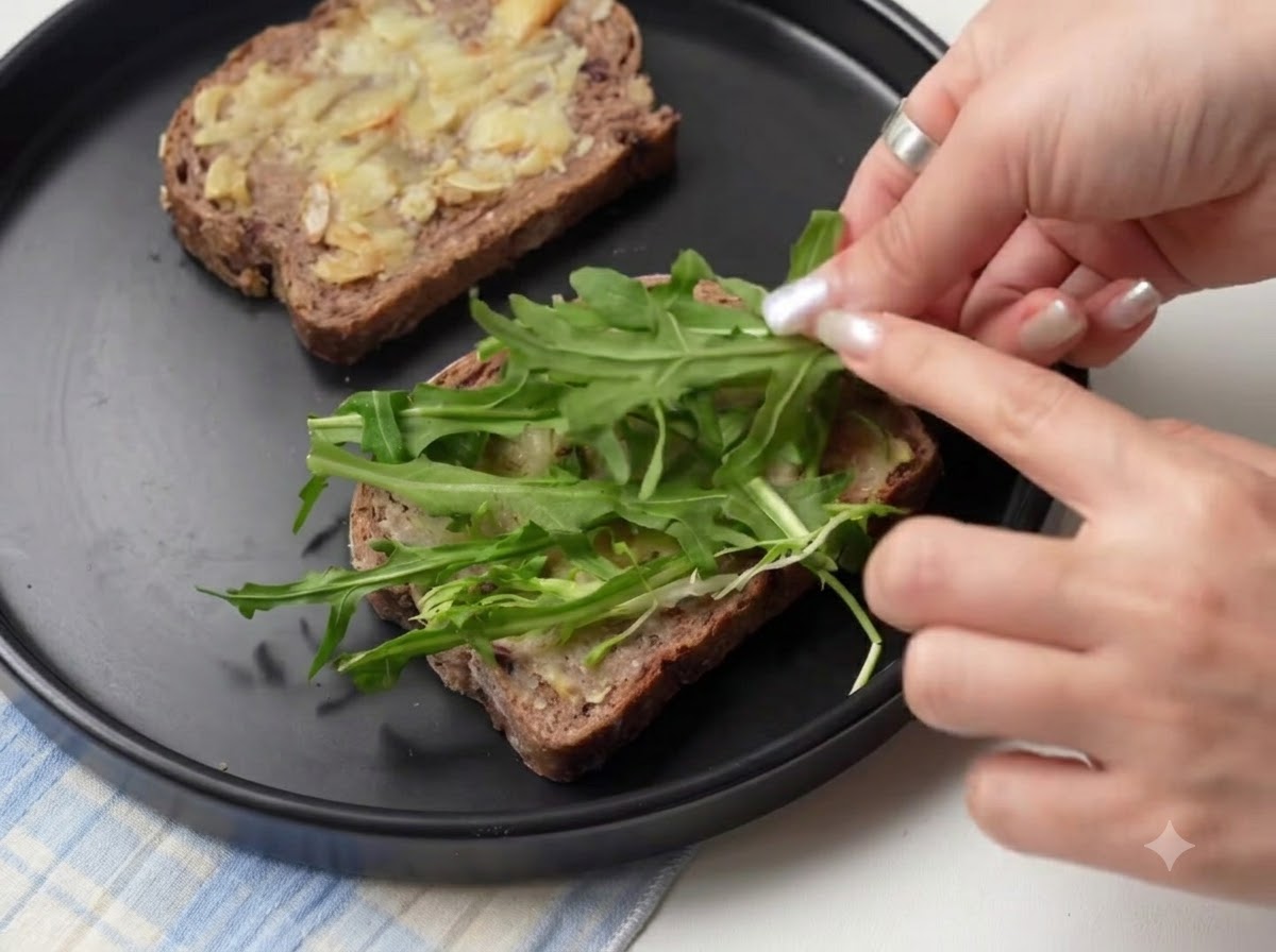 Frische grüne Rucolablätter werden auf mit geröstetem Knoblauch bestrichenen Brotscheiben angeordnet.