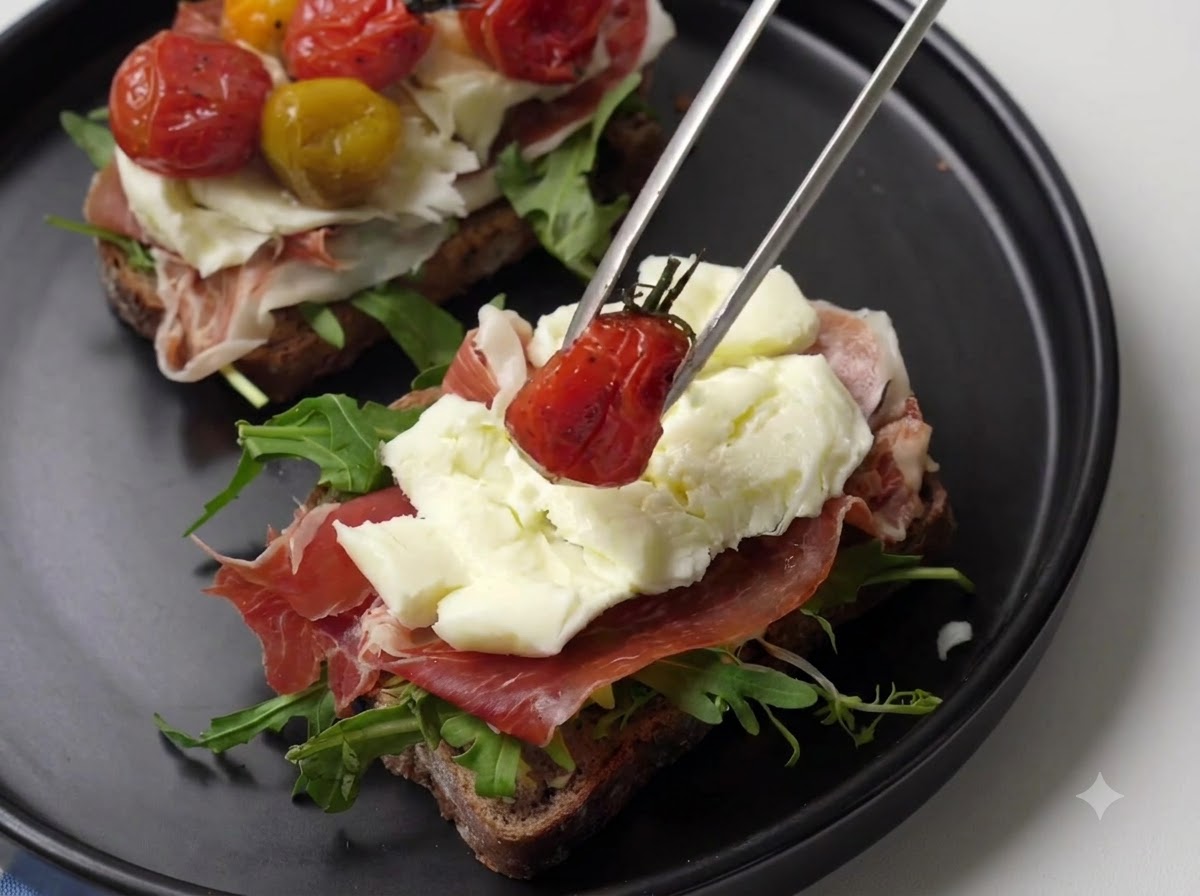 Küchenzangen platzieren eine warme geröstete Kirschtomate auf dem zubereiteten Sandwich.