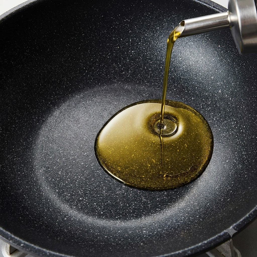 Speiseöl wird in einen erhitzten schwarzen Wok auf einer Herdplatte gegossen.