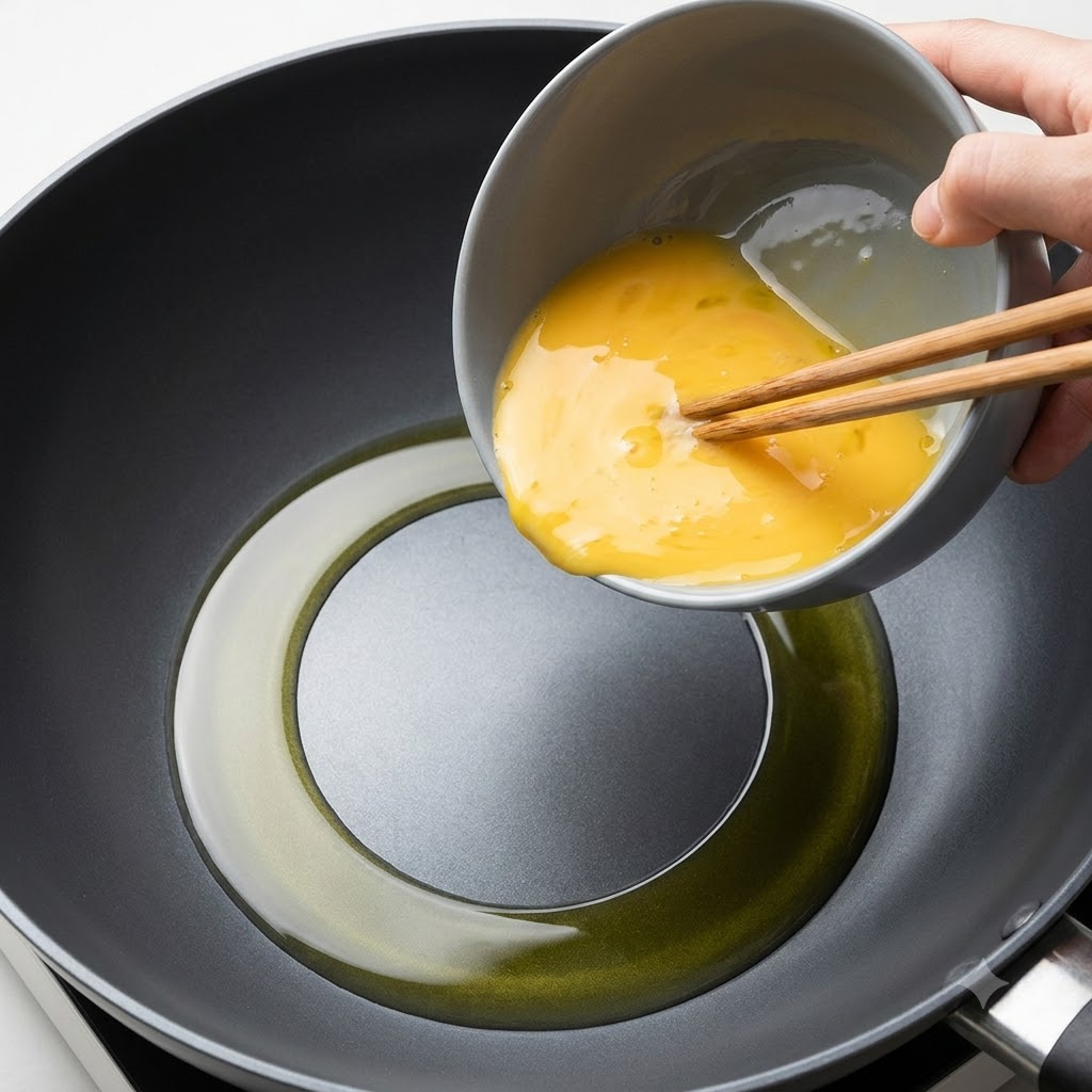 Verquirlte Eimasse wird aus einer grauen Schüssel in einen heißen, geölten Wok gegossen.