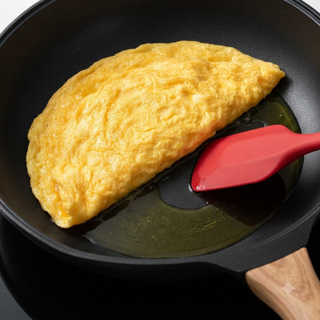 Gekochte Eier werden mit einem roten Silikonspatel in einem Wok bewegt.