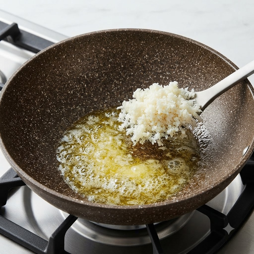 Gekochter weisser Reis wird mit einem Pfannenwender zu geschmolzener Butter in eine Pfanne gegeben.