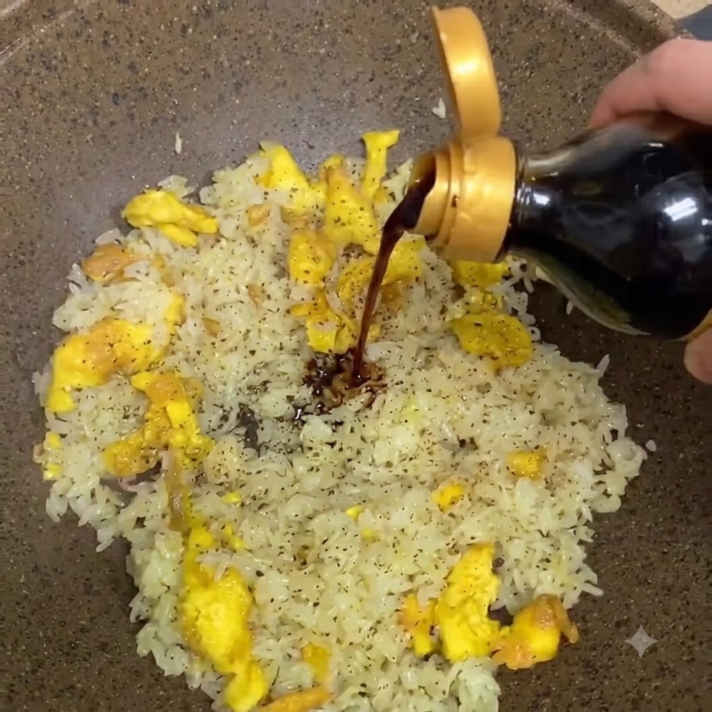 Dunkle Spezialsoße wird aus einer Quetschflasche in die Mitte des Bratreises in einer Pfanne gegossen.