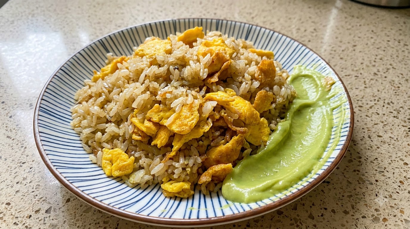 Butterschwein-Eier-Bratreis mit Avocadosauce