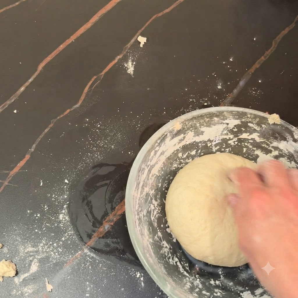 Eine Hand knetet eine glatte Pizzateigkugel in einer Glasschüssel auf einer dunklen Arbeitsfläche.