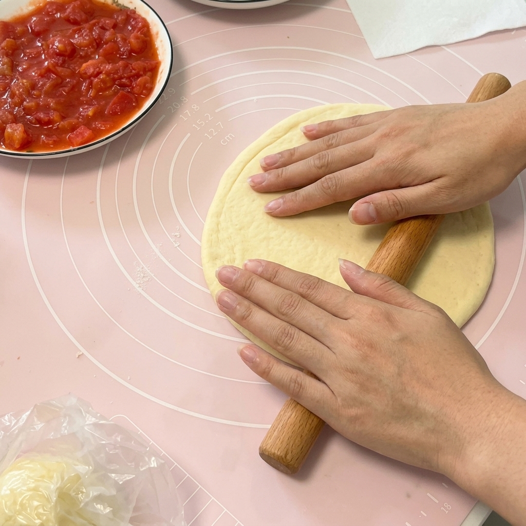 Zwei Hände rollen Pizzateig mit einem Nudelholz auf einer rosa Silikonmatte zu einem dünnen Kreis aus.