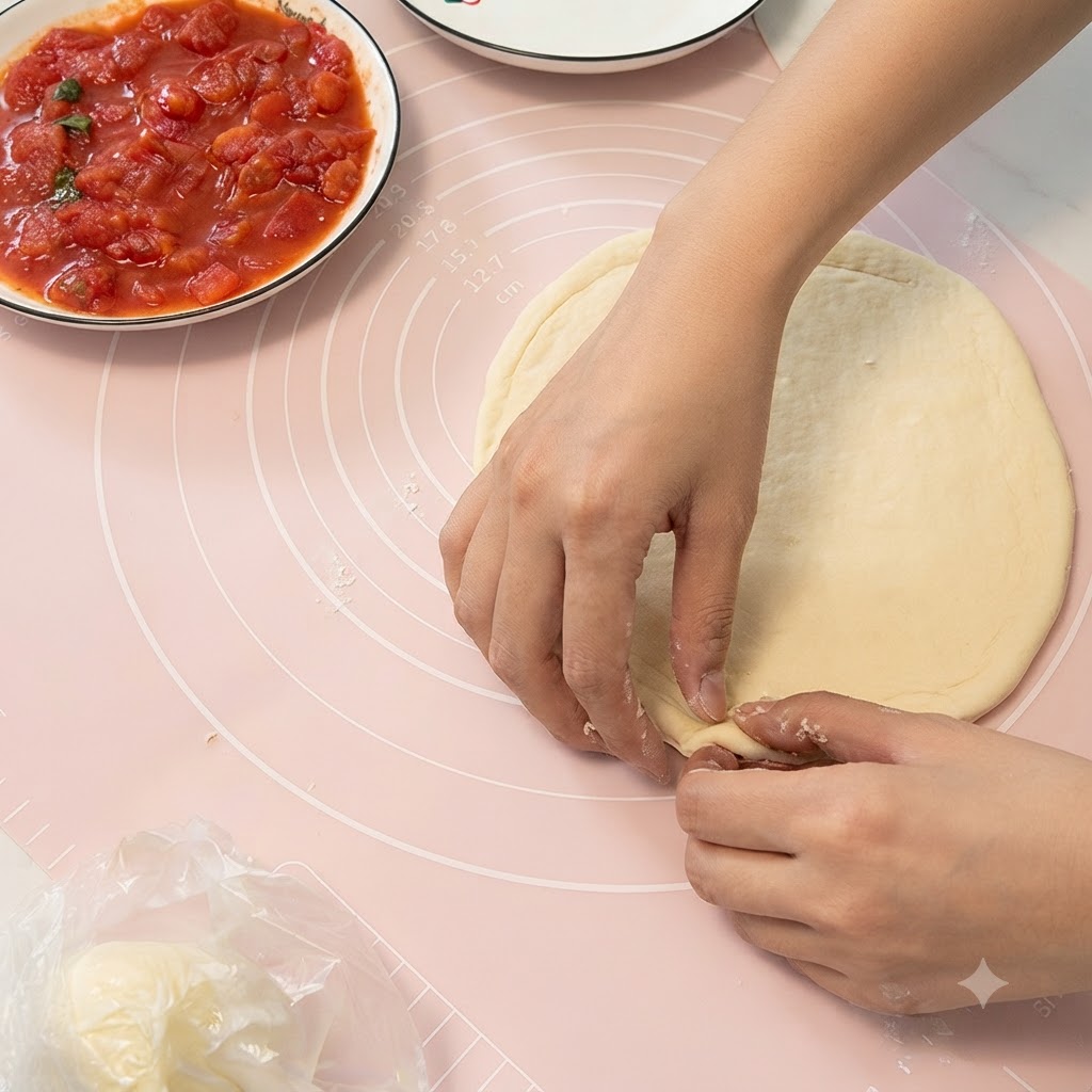 Hände schlagen den Rand eines Teigkreises auf einer rosa Silikonmatte nach innen ein, um einen Pizzarand zu formen.