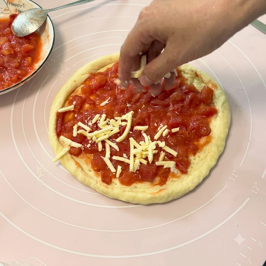 Eine Hand streut geriebenen Käse über gekochte, gewürfelte Tomaten auf einem rohen Pizzaboden.