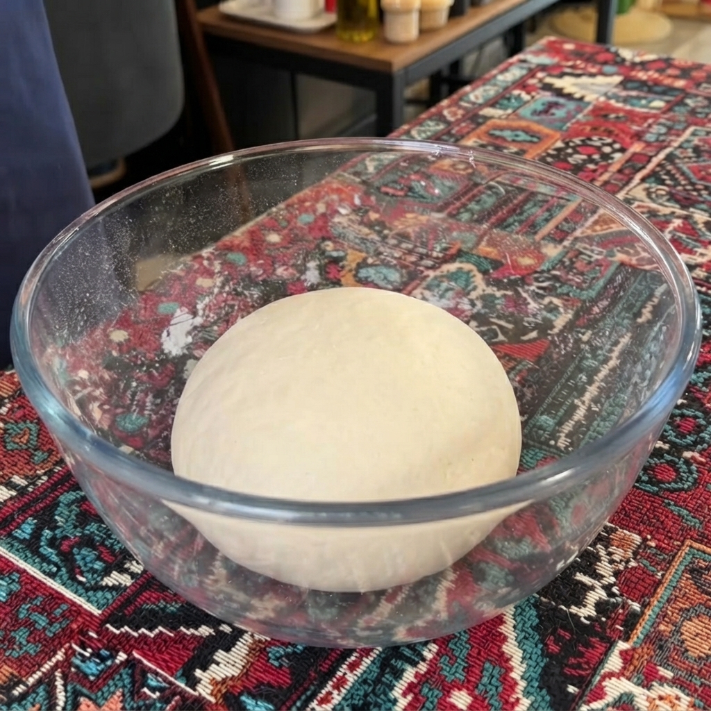 Eine glatte Teigkugel liegt nach dem Einölen mit Olivenöl in einer Glasschüssel.