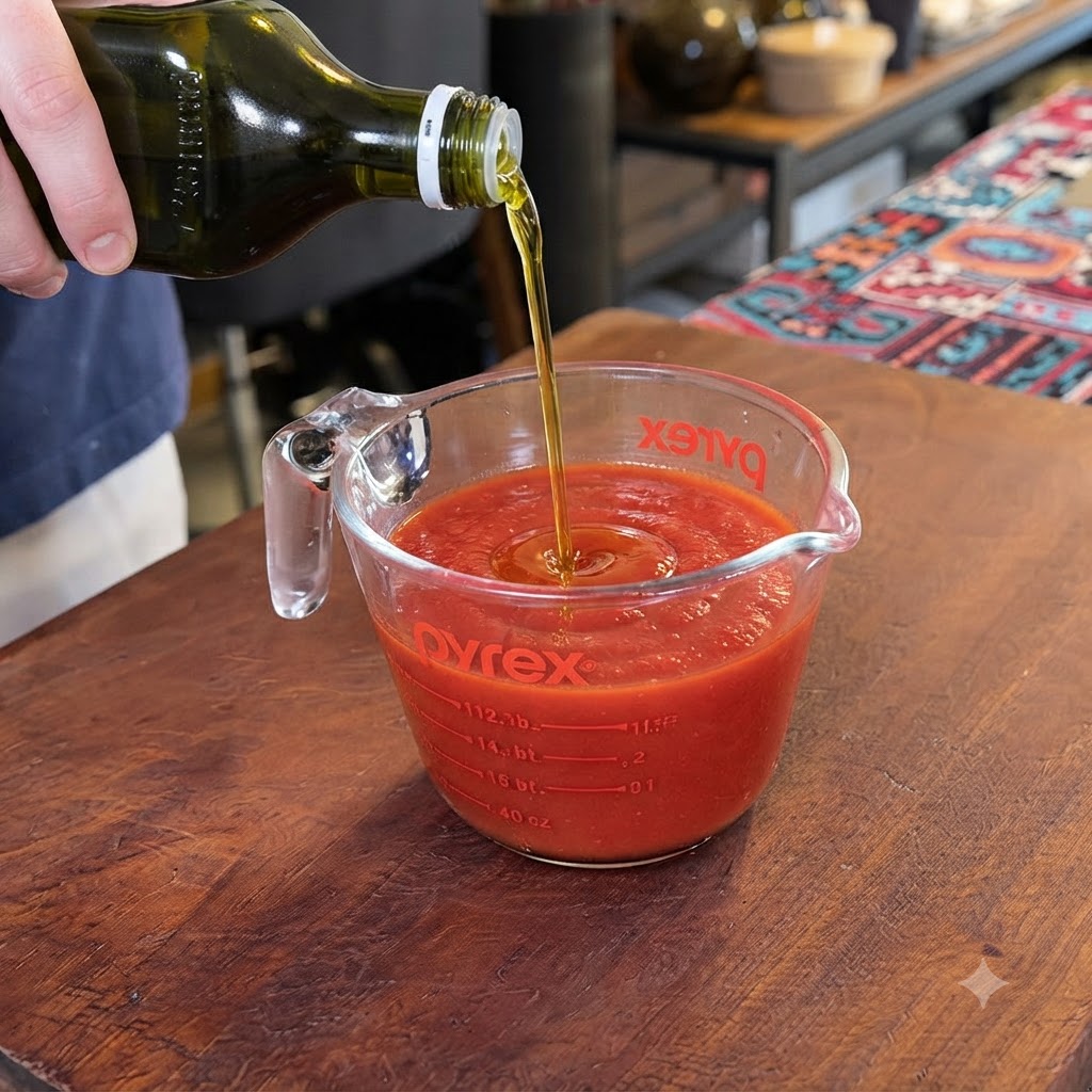 Olivenöl wird aus einer Flasche in einen Messbecher mit roter Tomatensoße gegossen.